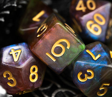 Purple & Green w/gold Galaxy Glitter 7-Dice Set RPG (Online Only)