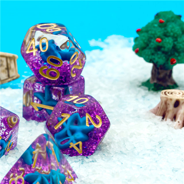 Purple w/Blue Starfish Dice 7-Dice Set Resin Dungeons and Dragons Dice (Online Only)