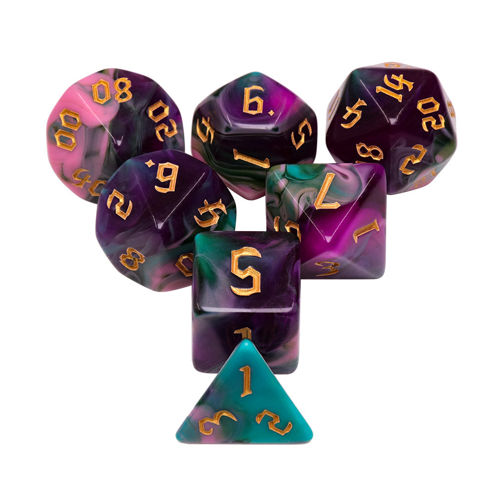Night Elves 7-Dice Set Pink/Green/Purple w/Gold Numbers Dnd Dice Set (Online Only)