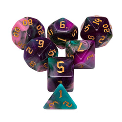 Night Elves 7-Dice Set Pink/Green/Purple w/Gold Numbers Dnd Dice Set (Online Only)