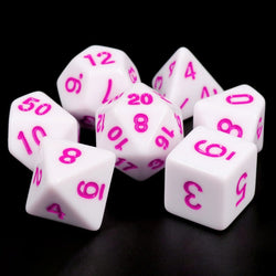 White Opaque with Purple/Pink Numbering 7-Dice Set RPG (Online Only)