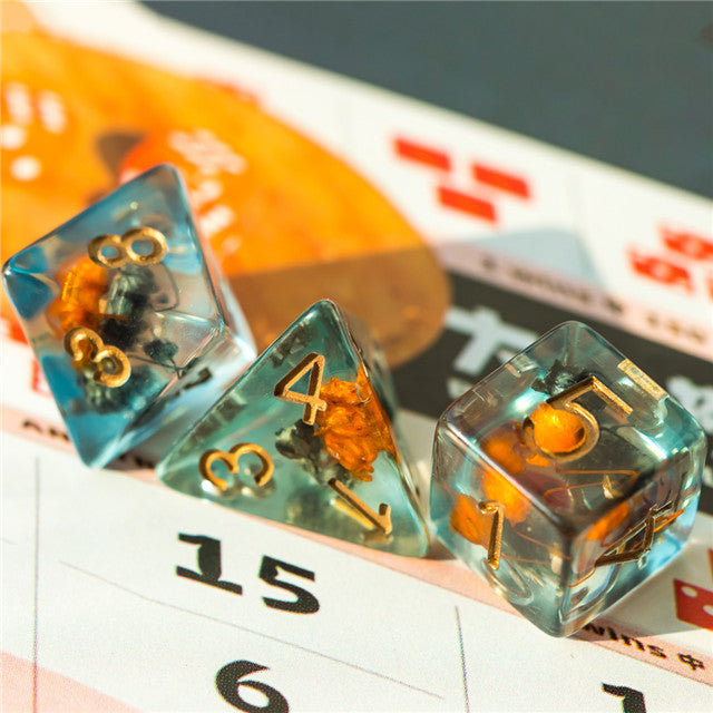 Orange & Grey Flower Dice  7-Dice Set Resin Dungeons and Dragons Dice (Gypsophila / Baby's-Breath) (Online Only)