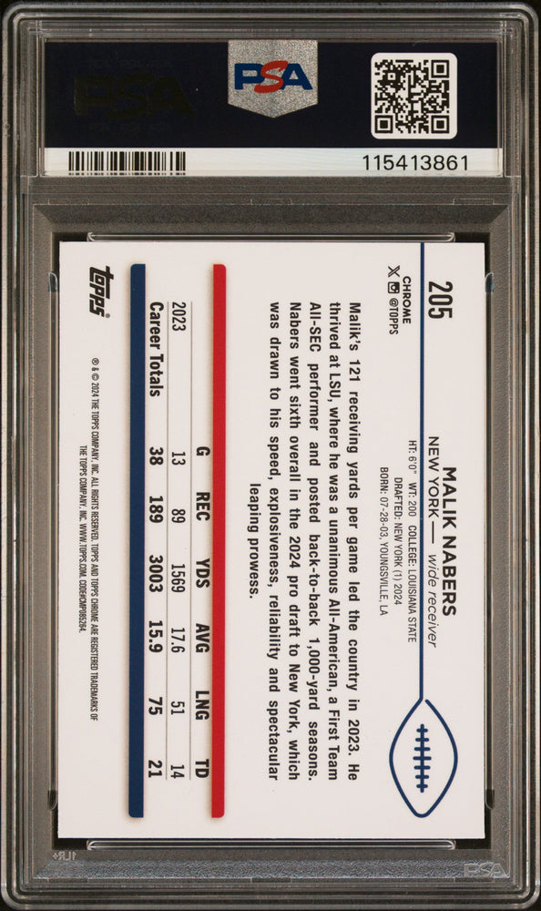 Graded 2024 Topps Chrome Malik Nabers #205 Rookie RC Football Card PSA 10 Gem Mint (ONLINE ORDER ONLY)