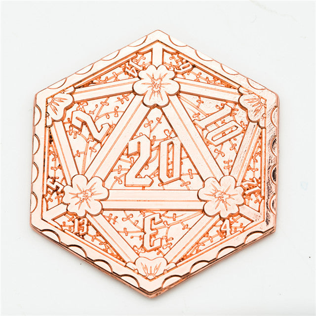 Copper d2 Coin Shaped like d20 Solid Copper Rose Gold Color (Online Only)