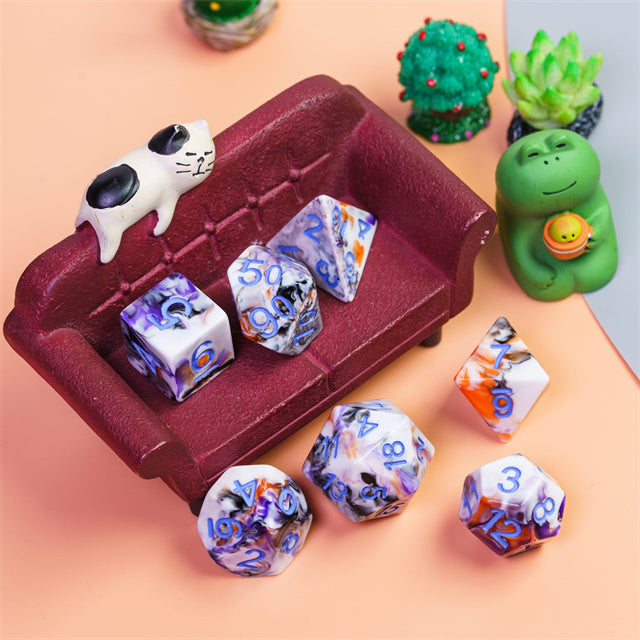 Spooky 4-Color 7-Dice Dnd Dice | White Orange Purple w/Purple Numbers Set (Online Only)