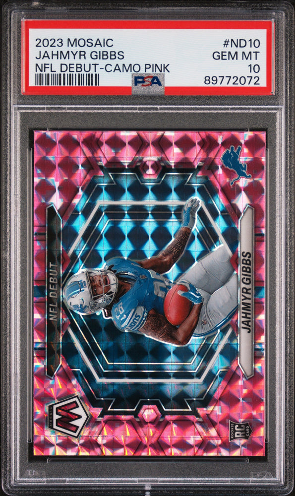 Graded 2023 Mosaic Jahmyr Gibbs #ND10 NFL Debut Camo Pink Rookie RC Football Card PSA 10 Gem Mint (ONLINE ORDER ONLY)