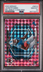 Graded 2023 Mosaic Jahmyr Gibbs #ND10 NFL Debut Camo Pink Rookie RC Football Card PSA 10 Gem Mint (ONLINE ORDER ONLY)
