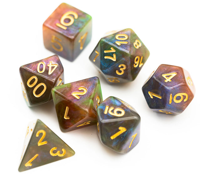 Purple & Green w/gold Galaxy Glitter 7-Dice Set RPG (Online Only)