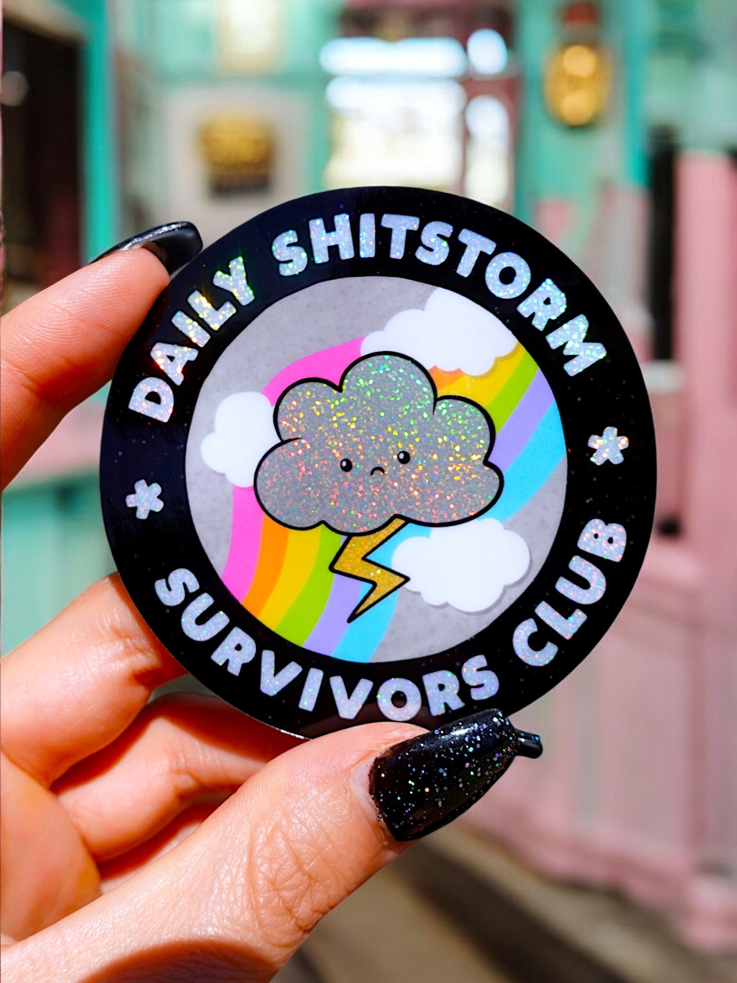 Funny Vinyl Sticker – Daily Shitstorm Survivors Club – Glitter Holographic Waterproof Sticker Decal (Online Order Only)