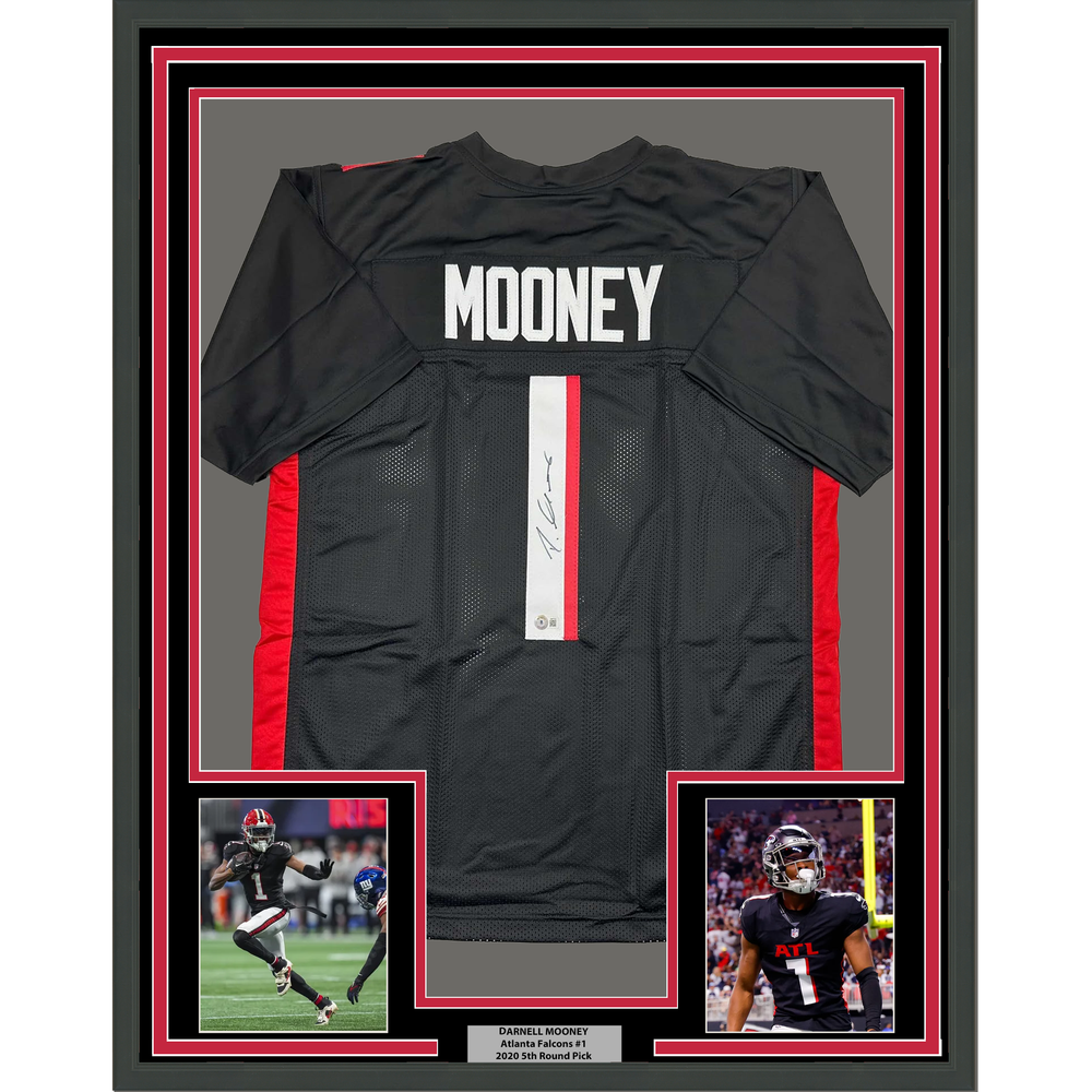 Framed Autographed/Signed Darnell Mooney 35x39 Atlanta Black Football Jersey Beckett BAS COA