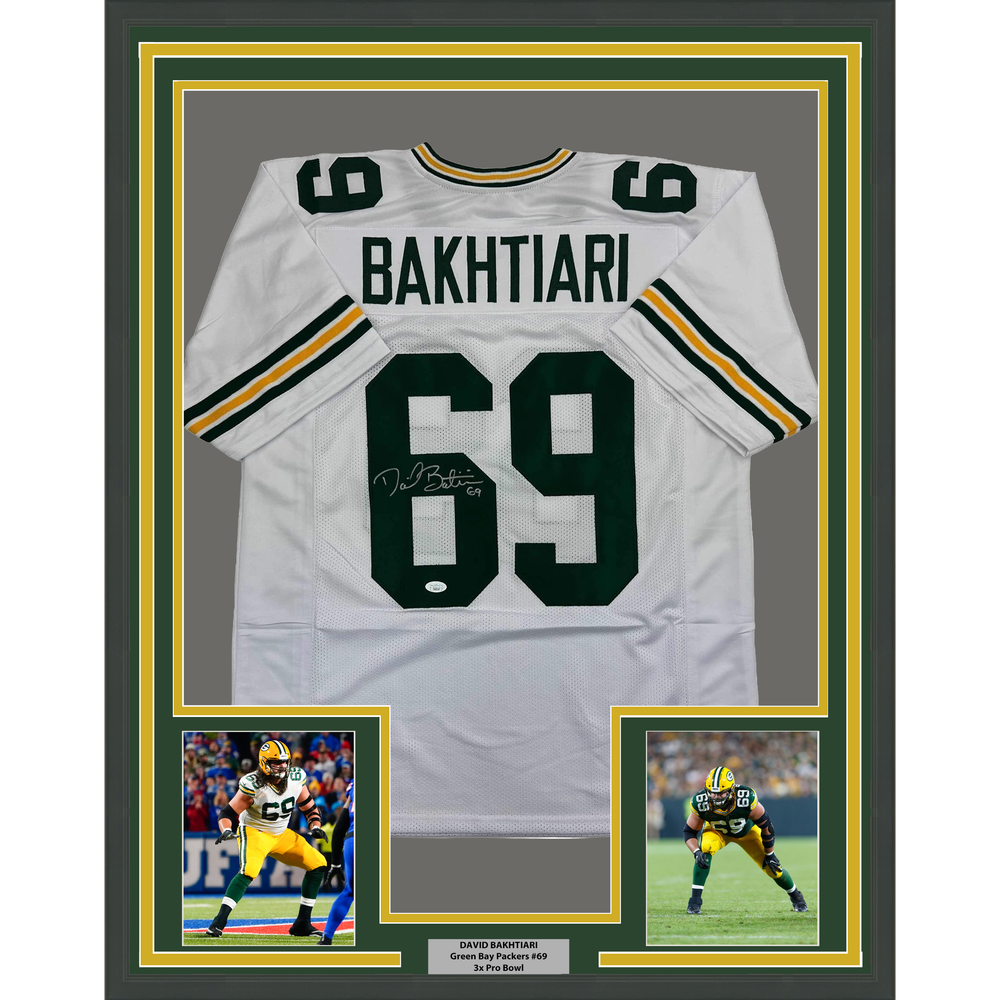 Framed Autographed/Signed David Bakhtiari 35x39 Green Bay White Football Jersey JSA COA