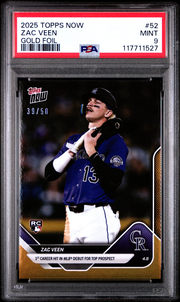 Graded 2025 Topps Now Zac Veen #52 Gold Foil /50 Rookie RC Baseball Card PSA 9 Mint (ONLINE ORDER ONLY)