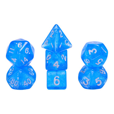 Glitter Blue 7-Dice Mini-Dice RPG Set w/Silver Numbers Miniature Dice (Online Only)