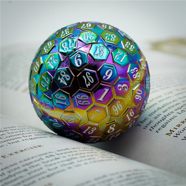 Rainbow Metal Single 100 Sided Polyhedral Dice (D100) | w/ White Color (45mm) (Online Only)