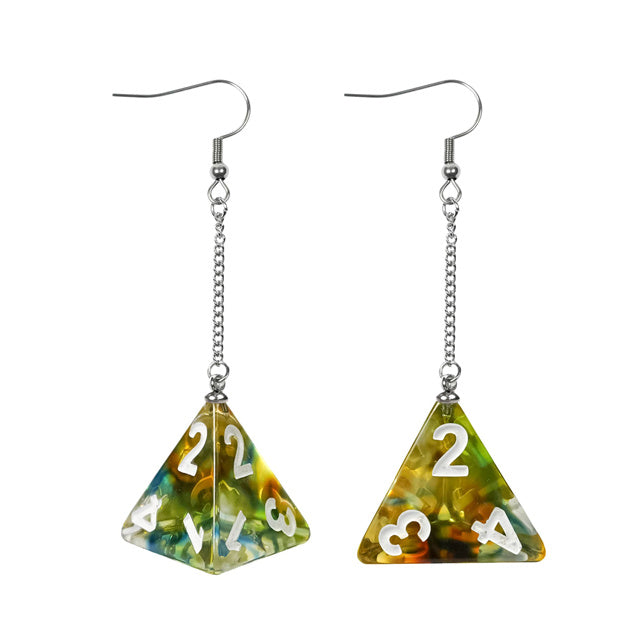 Green Dice Earrings: D4 Dice w/Colorful Inclusion Nerdy RPG Jewelry (Online Only)