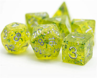Green Cloud Brocade Powder 7-Dice Dnd Dice | Glitter w/Silver Numbers Set (Online Only)