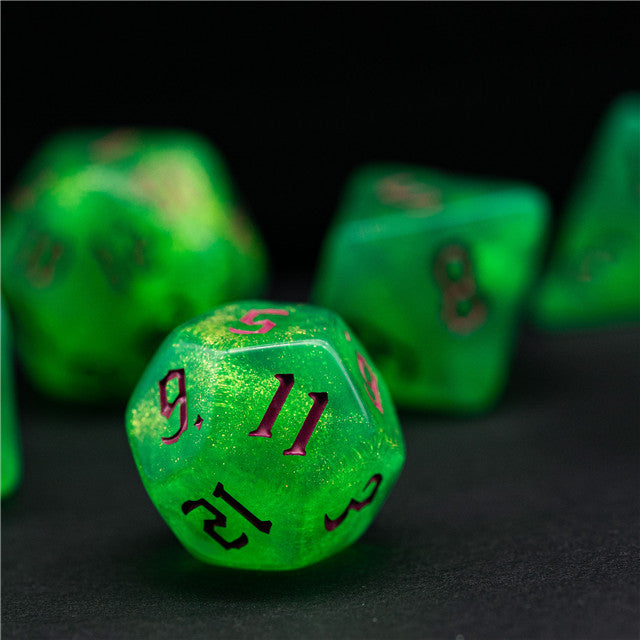 Green Glitter Party Glitter Dice (Pink font) 7-Dice Set RPG DND (Online Only)