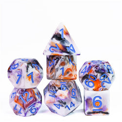 Spooky 4-Color 7-Dice Dnd Dice | White Orange Purple w/Purple Numbers Set (Online Only)