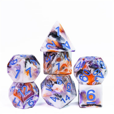 Spooky 4-Color 7-Dice Dnd Dice | White Orange Purple w/Purple Numbers Set (Online Only)