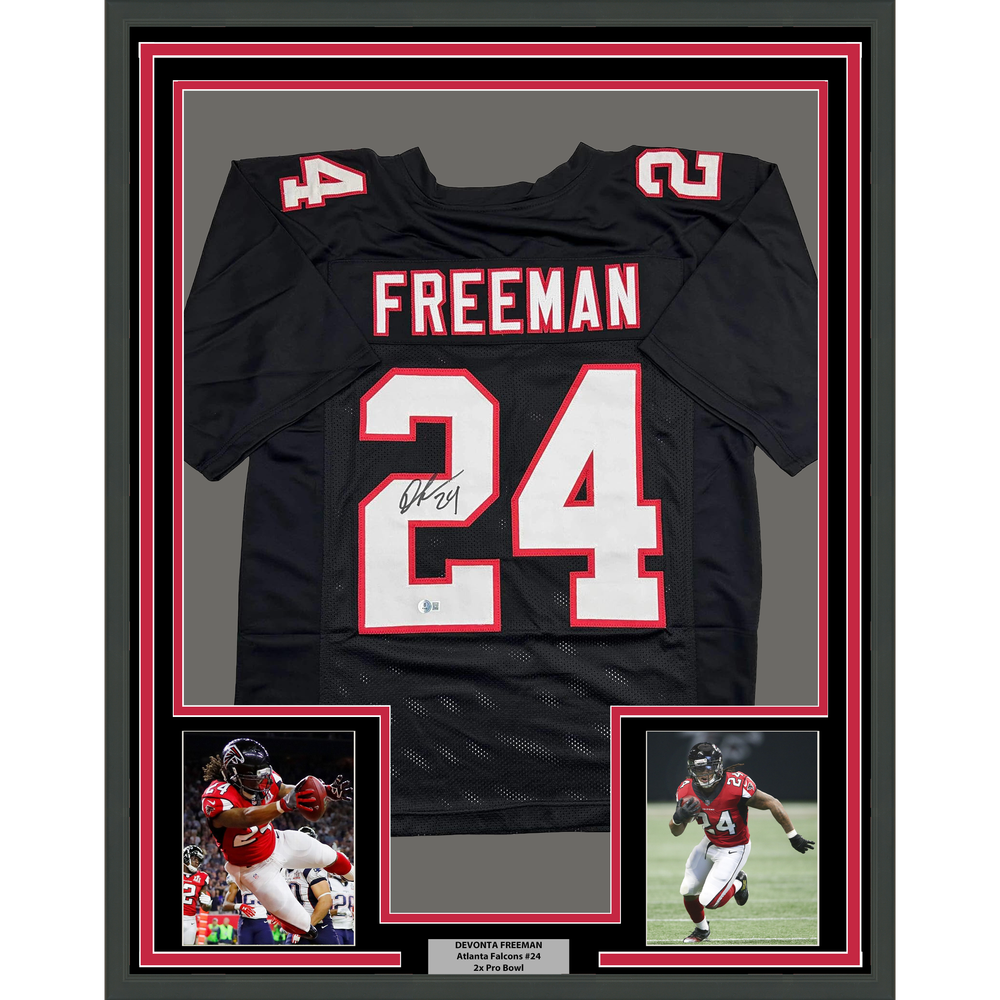 Framed Autographed/Signed Devonta Freeman 35x39 Atlanta Retro Black Football Jersey Beckett BAS COA