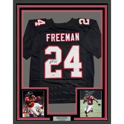 Framed Autographed/Signed Devonta Freeman 35x39 Atlanta Retro Black Football Jersey Beckett BAS COA