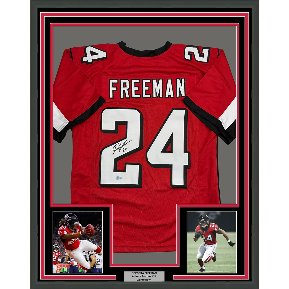 Framed Autographed/Signed Devonta Freeman 35x39 Atlanta Red Football Jersey Beckett BAS COA