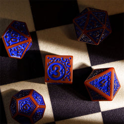 Burnt Orange with Blue Irregular Pattern Fill: 7-Piece Acrylic Dice Set (Online Only)