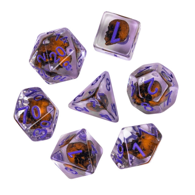 Orange Skull Dice | Clear RPG 7-Dice Set w/ Purple Numbers (Online Only)