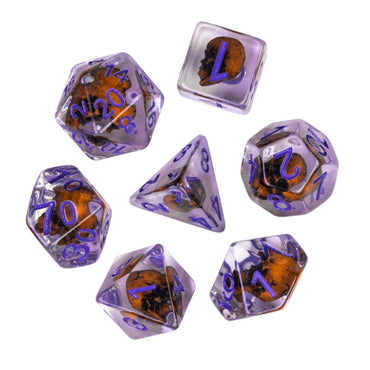 Orange Skull Dice | Clear RPG 7-Dice Set w/ Purple Numbers (Online Only)