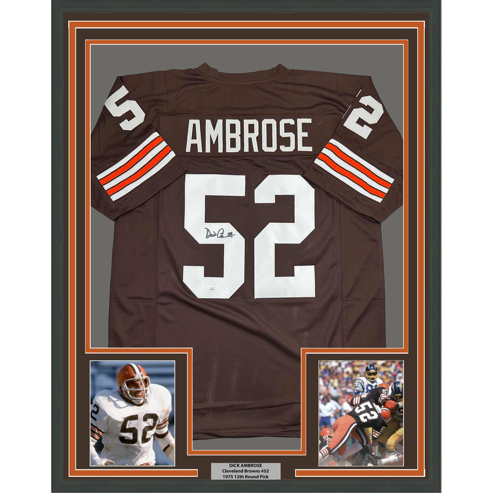 Framed Autographed/Signed Dick Ambrose 35x39 Cleveland Brown Football Jersey JSA COA