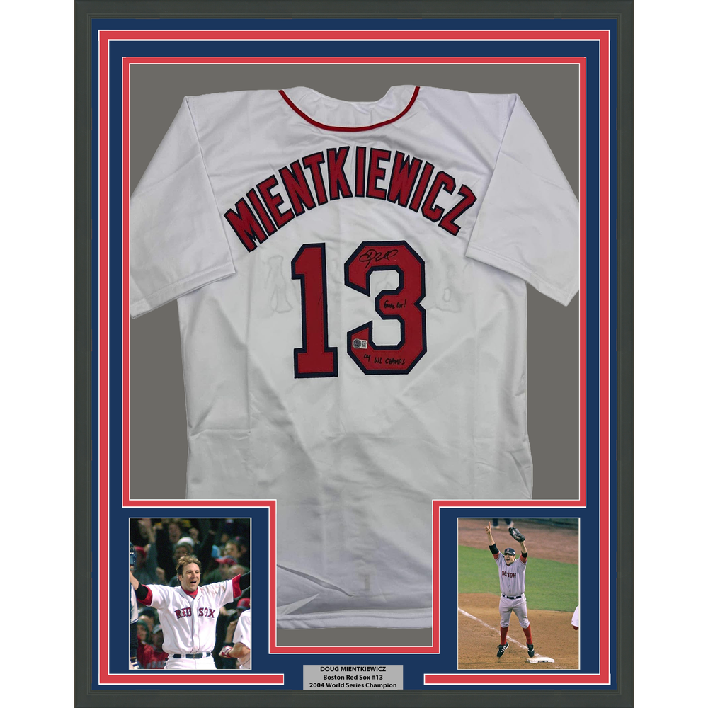 Framed Autographed/Signed Doug Mientkiewicz 35x39 Final Out! 04 WS Champs! Boston White Baseball Jersey Beckett BAS COA