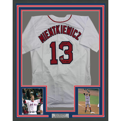 Framed Autographed/Signed Doug Mientkiewicz 35x39 Final Out! 04 WS Champs! Boston White Baseball Jersey Beckett BAS COA