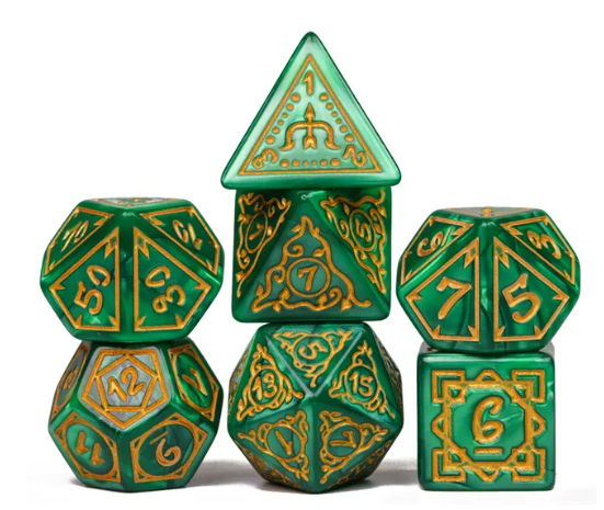 Druid Green Marble Pattern Dice | Green Dice w/Gold Art 7-Dice Set (Online Only)