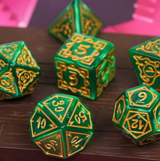 Druid Green Marble Pattern Dice | Green Dice w/Gold Art 7-Dice Set (Online Only)