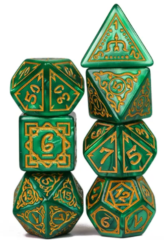 Druid Green Marble Pattern Dice | Green Dice w/Gold Art 7-Dice Set (Online Only)