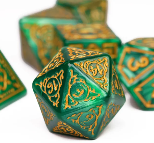 Druid Green Marble Pattern Dice | Green Dice w/Gold Art 7-Dice Set (Online Only)