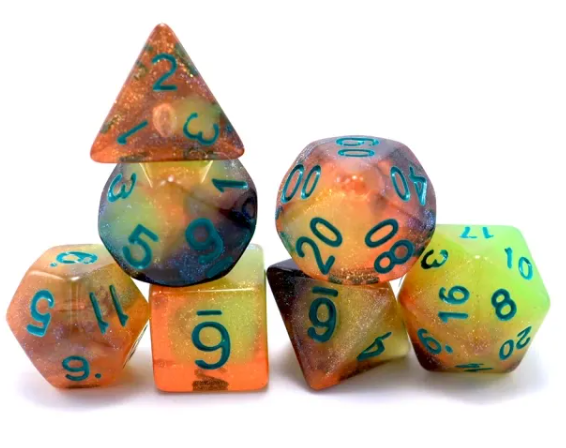 Glowing Galaxy 7-Dice Set Green/Orange w/Green Glow-in-Dark Dnd Dice (Online Only)