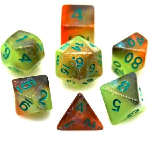 Glowing Galaxy 7-Dice Set Green/Orange w/Green Glow-in-Dark Dnd Dice (Online Only)