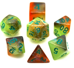 Glowing Galaxy 7-Dice Set Green/Orange w/Green Glow-in-Dark Dnd Dice (Online Only)