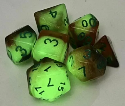 Glowing Galaxy 7-Dice Set Green/Orange w/Green Glow-in-Dark Dnd Dice (Online Only)