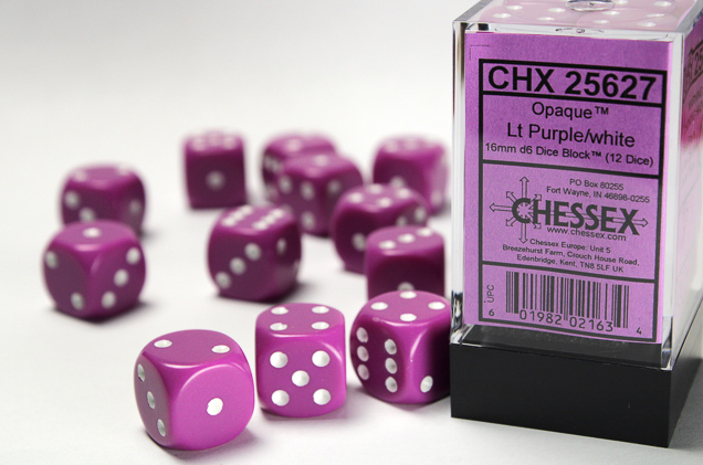 Opaque 16mm d6 Light Purple/white Dice Block™ (12 dice) OOP (Online Only)