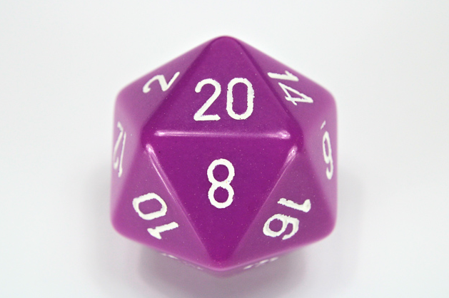 34mm (L) Single d20 Opaque Polyhedral Light Purple/white d20 (Sold per die) (Online Only)