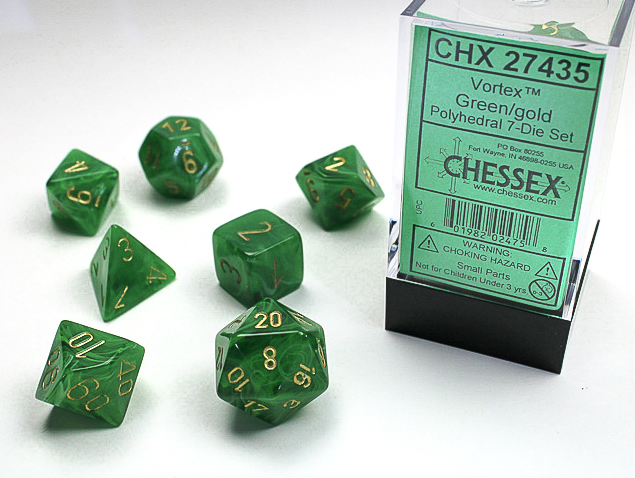 Vortex® Polyhedral Green/gold 7-Die Set | DND Dice Set by Chessex 27435 (Online Only)