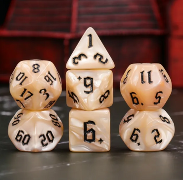 Beige Pearl 7-Dice Set Cream Marble w/Black Dnd Dice Acrylic (Online Only)