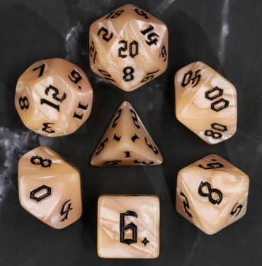 Beige Pearl 7-Dice Set Cream Marble w/Black Dnd Dice Acrylic (Online Only)