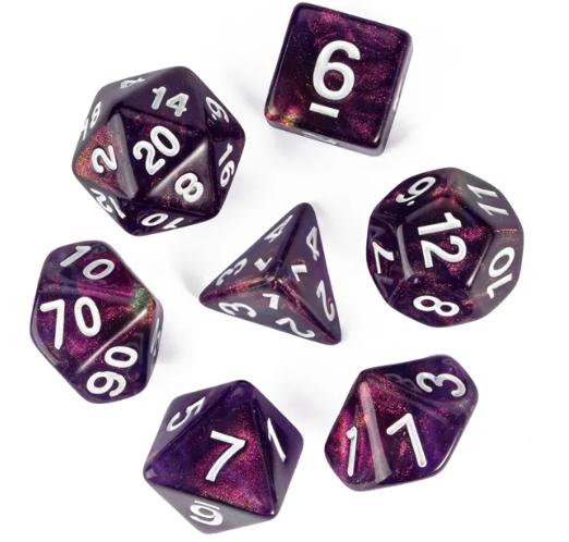 Purple Translucent Glitter Dice 7-Dice Set w/White Dnd Dice Resin (Online Only)