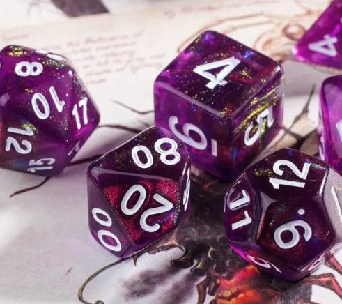 Purple Translucent Glitter Dice 7-Dice Set w/White Dnd Dice Resin (Online Only)