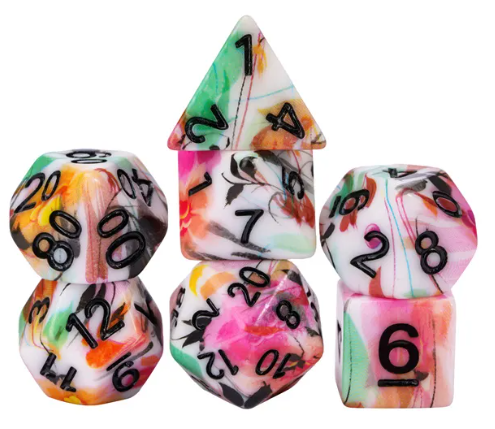 White Multi-Colour Mix Pattern Dice 7-Dice Set w/Black Dnd Dice Resin (Online Only)