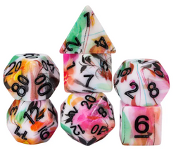 White Multi-Colour Mix Pattern Dice 7-Dice Set w/Black Dnd Dice Resin (Online Only)