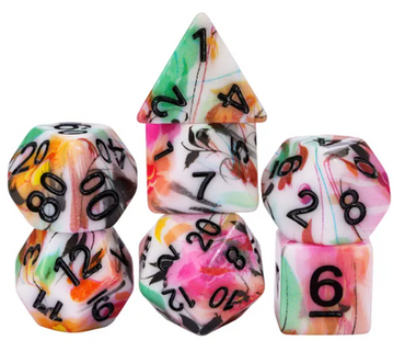 White Multi-Colour Mix Pattern Dice 7-Dice Set w/Black Dnd Dice Resin (Online Only)